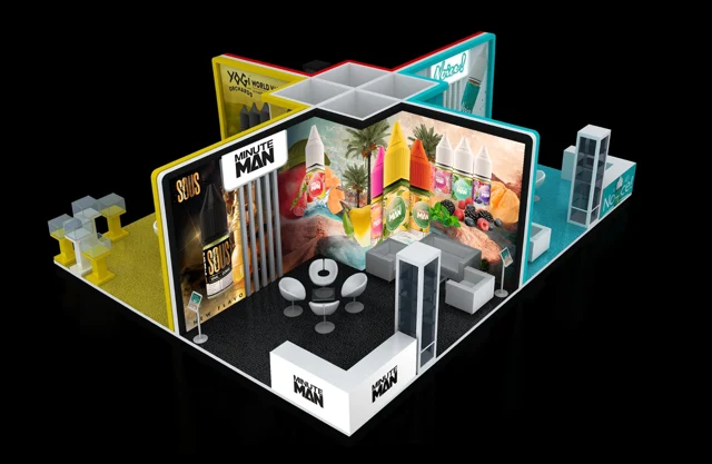 Minute Man exhibition stand with colourful product graphics, branded walls and counters