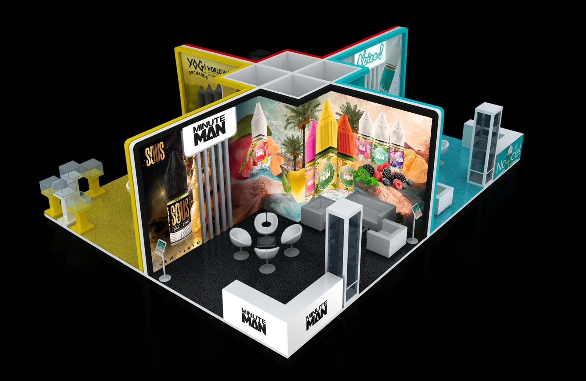 Minute Man exhibition stand with colourful product graphics, branded walls and counters