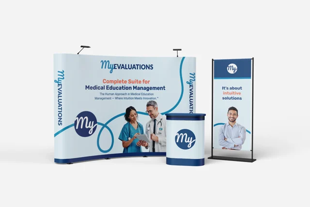 MyEvaluations exhibition graphics on a curved backdrop, a branded counter and a vertical display