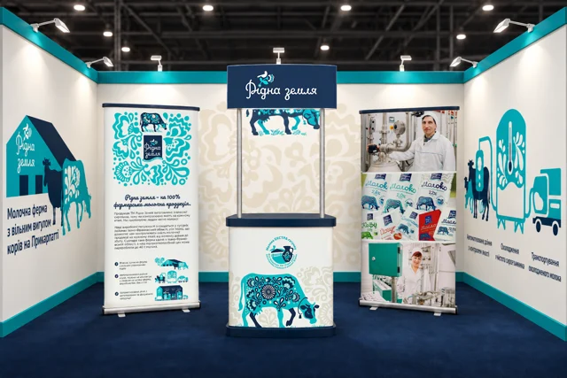 Ridna Zemlia exhibition booth with turquoise and navy graphics, illustrated cows, roll-up banners and a counter