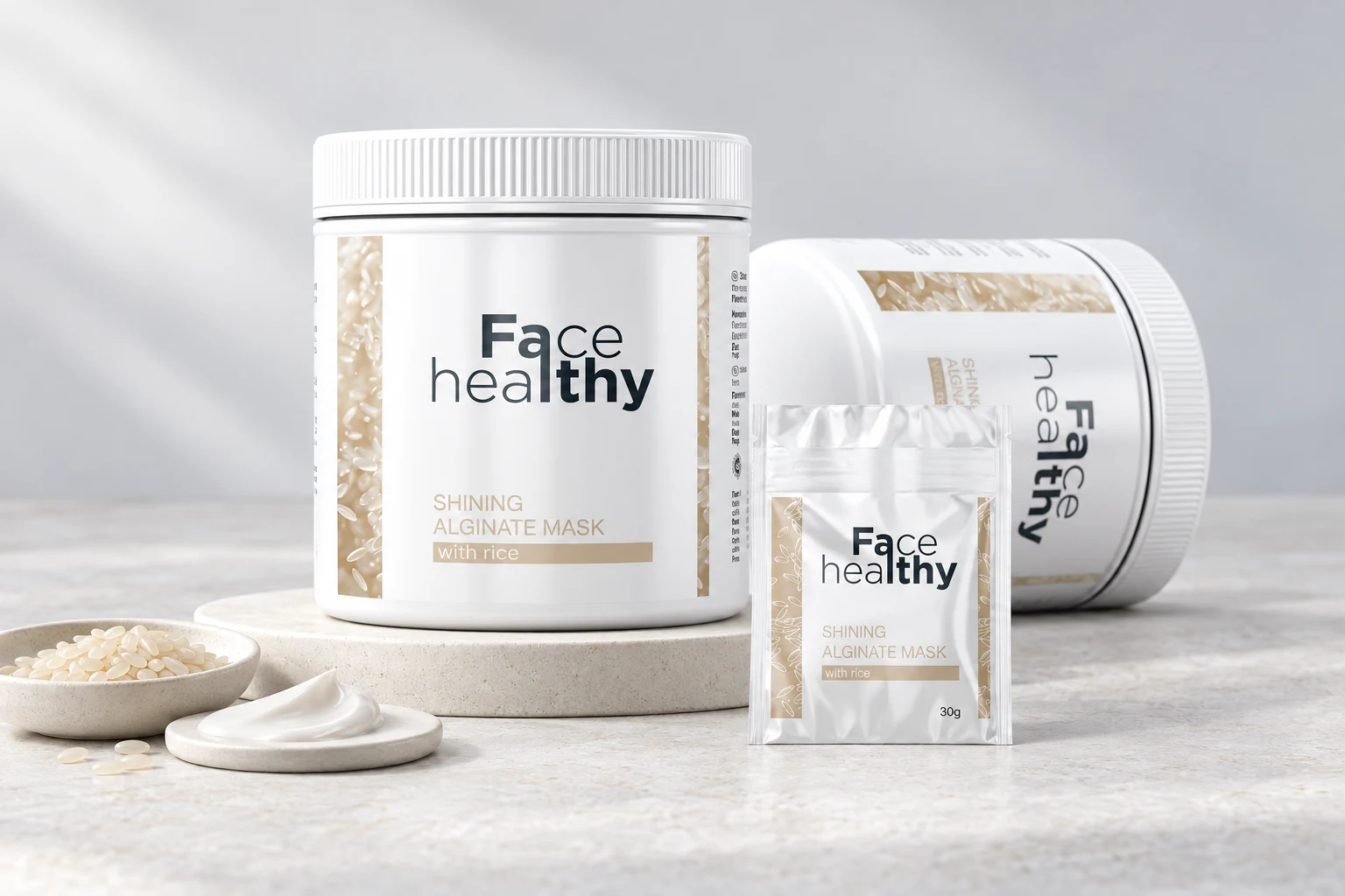 Face Healthy product jars with neutral label design