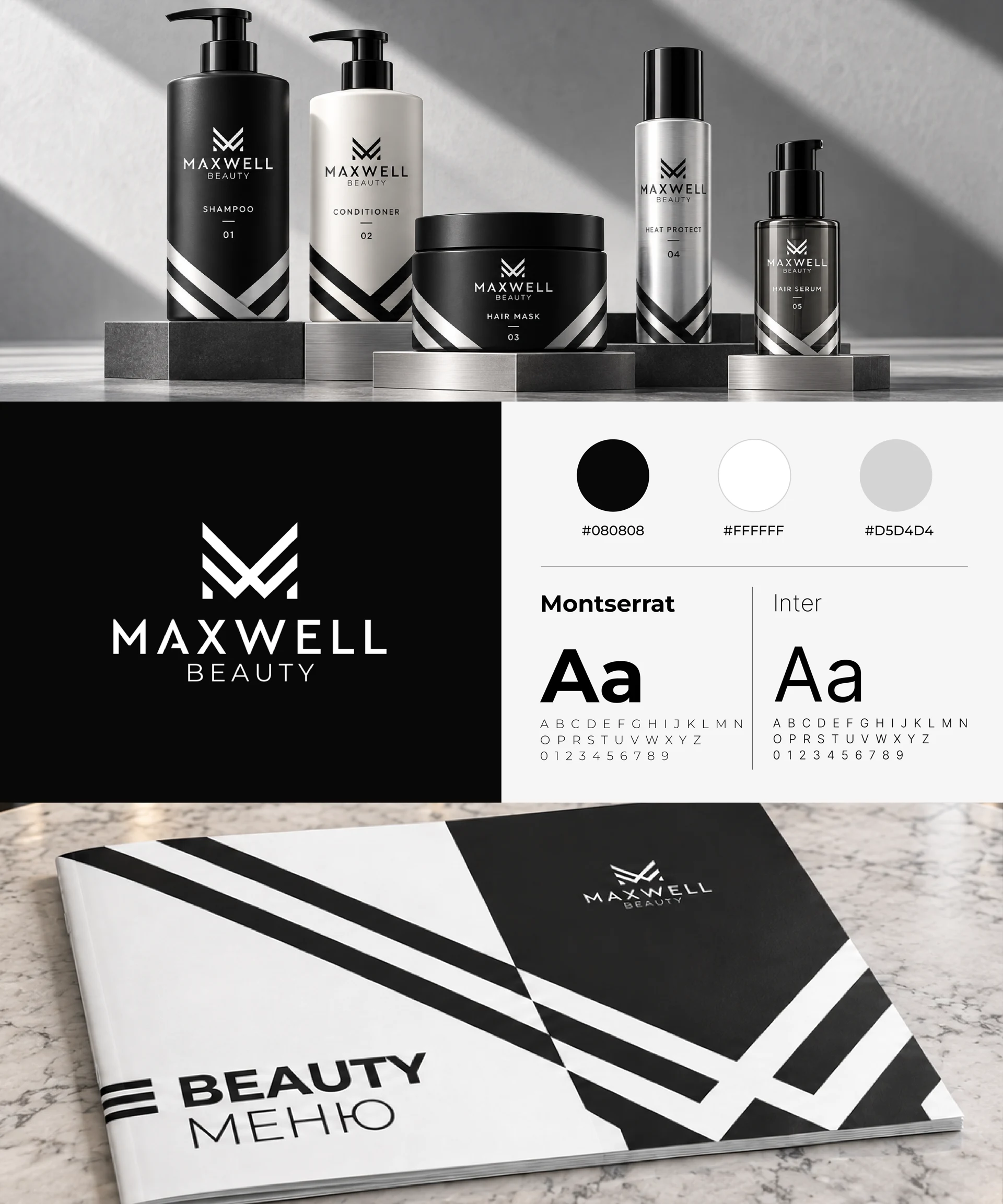 Maxwell Beauty identity board with packaging, typography and stationery